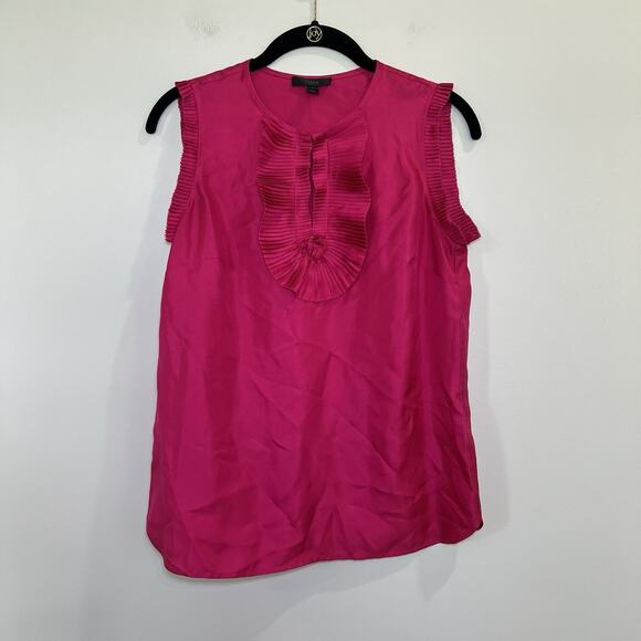 J. Crew Hot Pink Silk‎ Top For Women Size 0 Sleeveless Ruffle Neck - Picture 1 of 6
